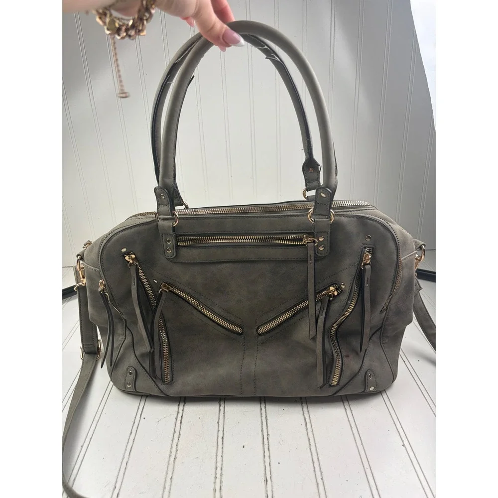 Vintage Y2K Gray Multi Zip Studded Satchel Shoulder Bag Crossbody